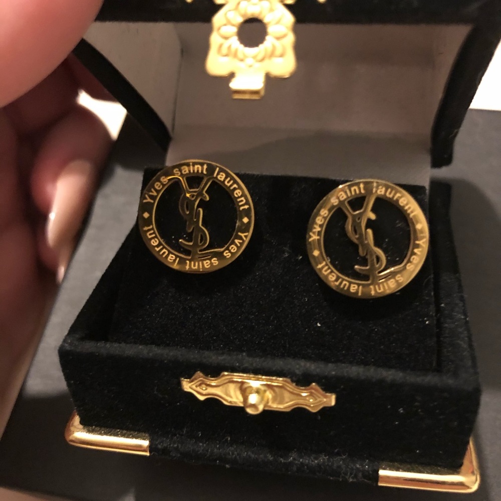 Yves Saint Laurent Black and Gold Logo Button Earrings